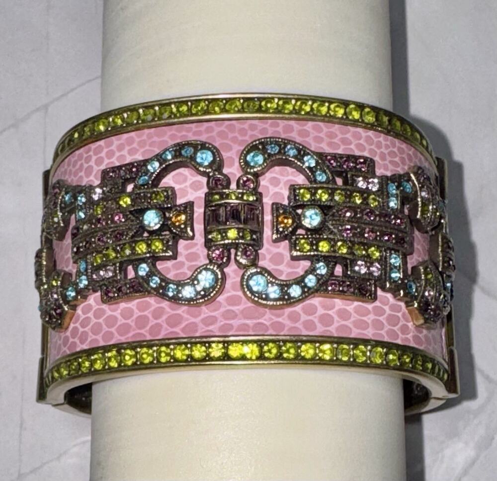 Heidi Daus Pink Faux Leather Snakeskin Swarovski Crystals Hinged Cuff Bracelet